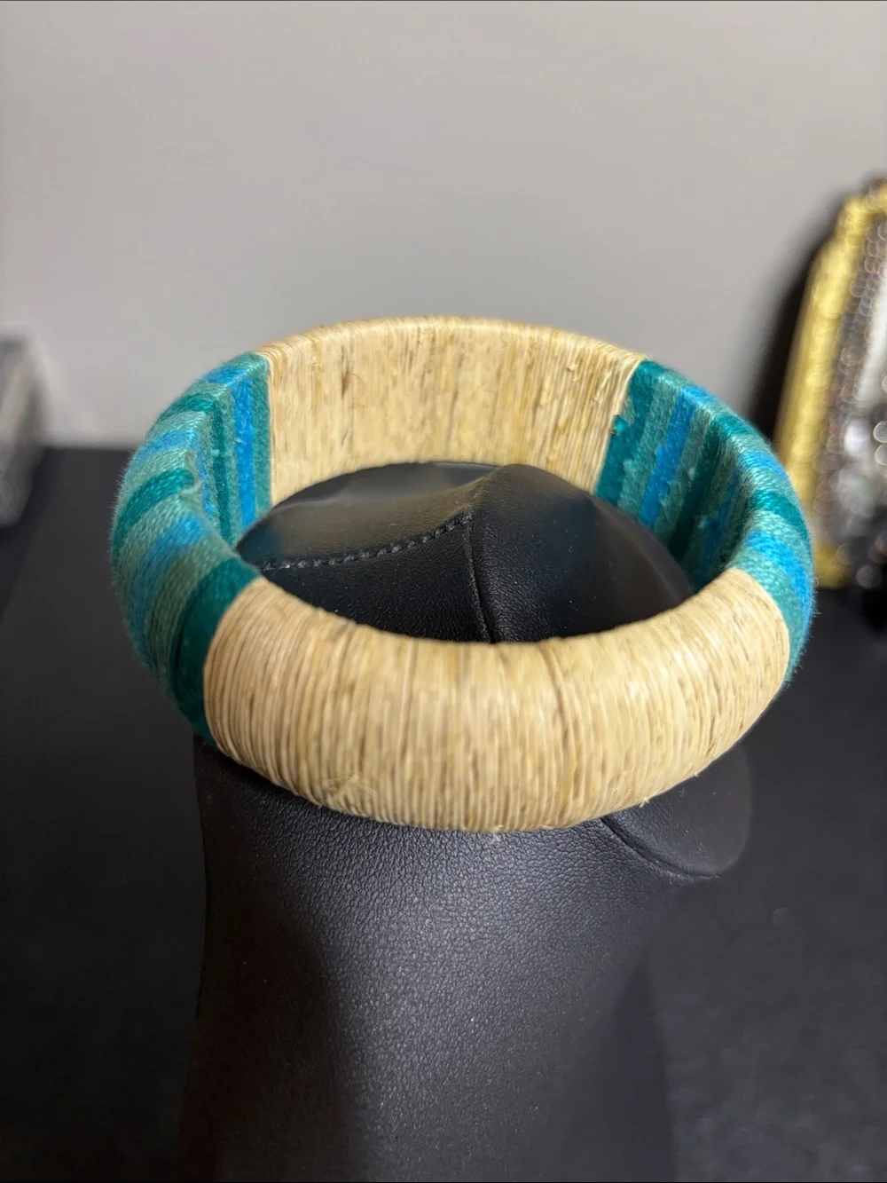Boho Resort Hand-Wrapped Blue & Natural Straw Bangle Bracelet